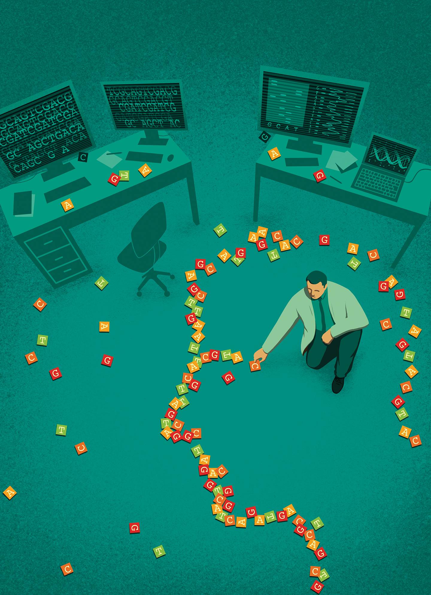 Illustration of a scientist outlining a human head in blocks labeled, A, T, C, and G.