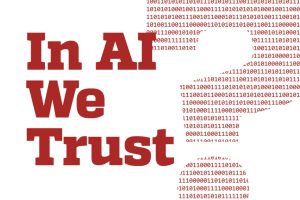 In AI We Trust. Question mark made out of 0s and 1s.