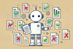 Illustration of a robot holding papers and surrounded by papers with green checkmarks or red Xs on them.