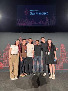 The JHU team with ETHGlobal CEO Kartik Talwar, standing in front of a slide that reads ETHGlobal San Francisco.