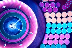 A colorful roulette table and poker chips.