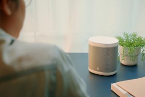 A person sitting at a desk uses a smart speaker.