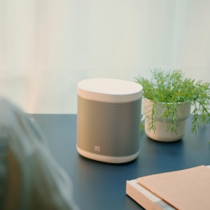 A person sitting at a desk uses a smart speaker.