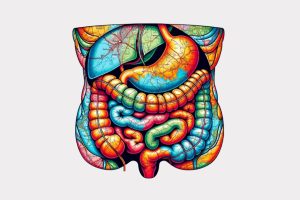 A colorful illustration of a human abdominal cavity showing internal organs in the style of a road map.